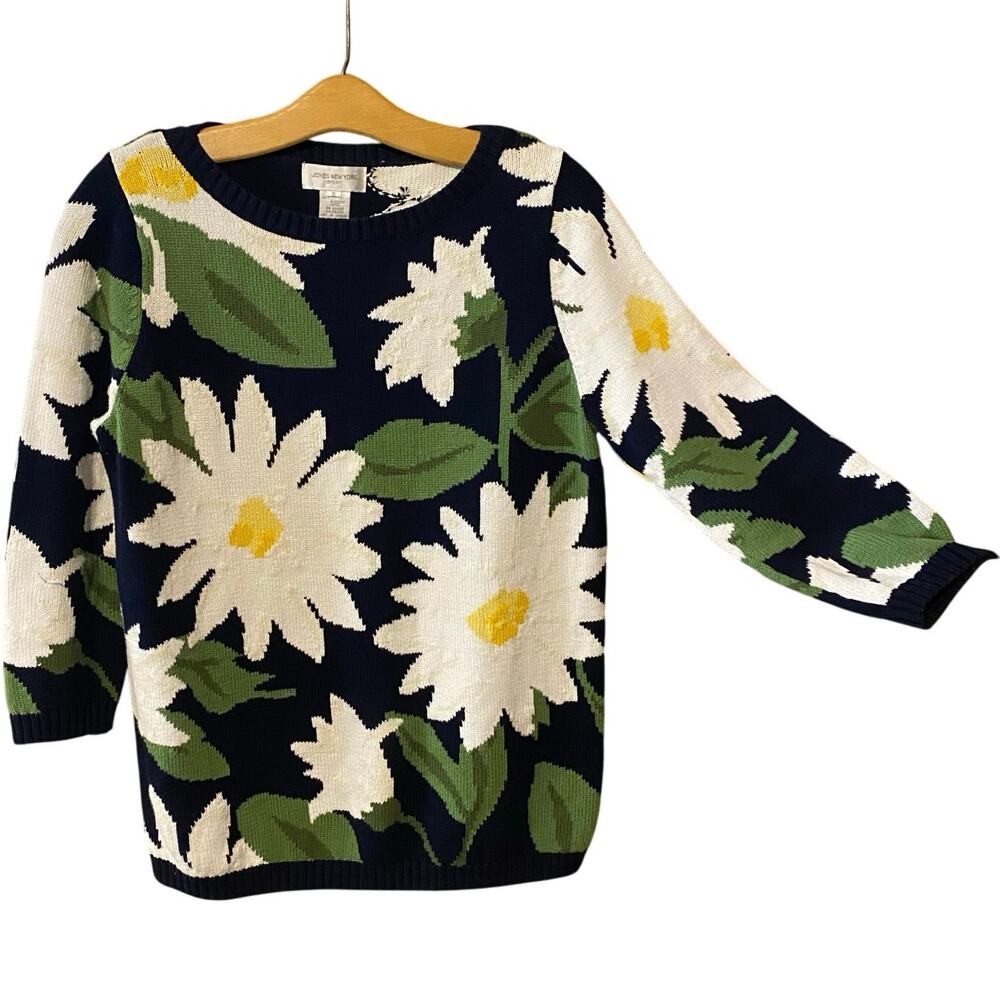 Jones New York Sport Daisy Floral Sweater Small 90s Cottagecore Knit 3/4 sleeves